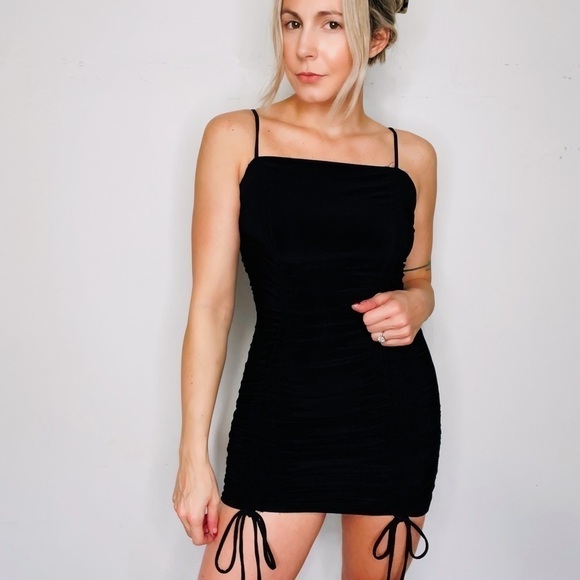 💫 IRIS | Sexy Ruched Bow Tie Straight Neck Spaghetti Strap Spandex  Mini Dress - Picture 1 of 7